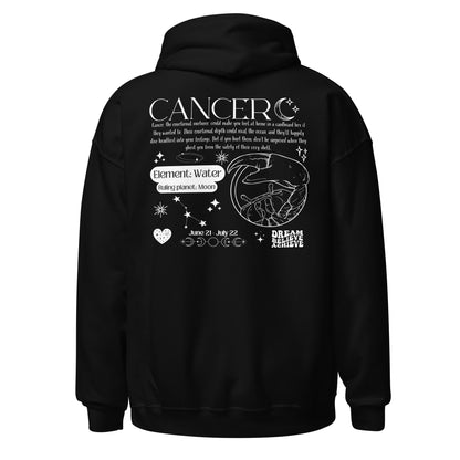 Back of black Cancer hoodie with zodiac design, featuring the Cancer symbol, ruling planet Moon, water element, and descriptive traits for Cancer zodiac personality.