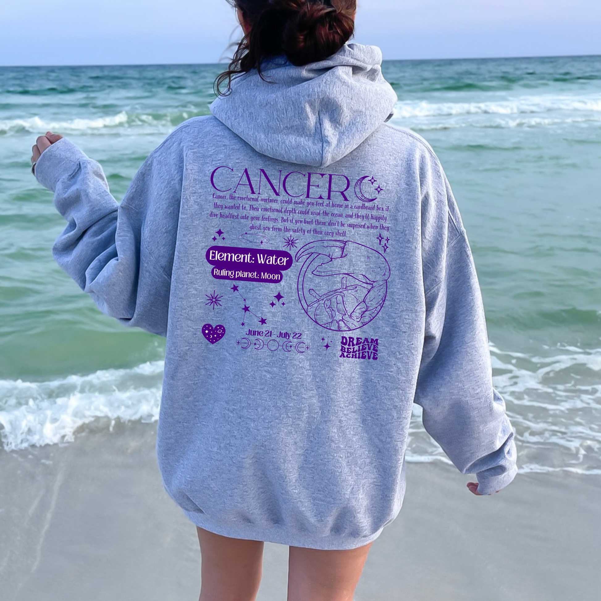 Back of sport grey Cancer hoodie with purple zodiac design, featuring the Cancer symbol, ruling planet Moon, water element, and descriptive traits for Cancer zodiac personality.