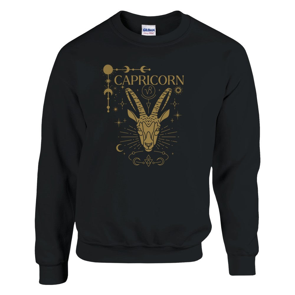 Front of black Capricorn-themed sweatshirt featuring a glamorous illustration of a goat symbol with celestial and ornate details.