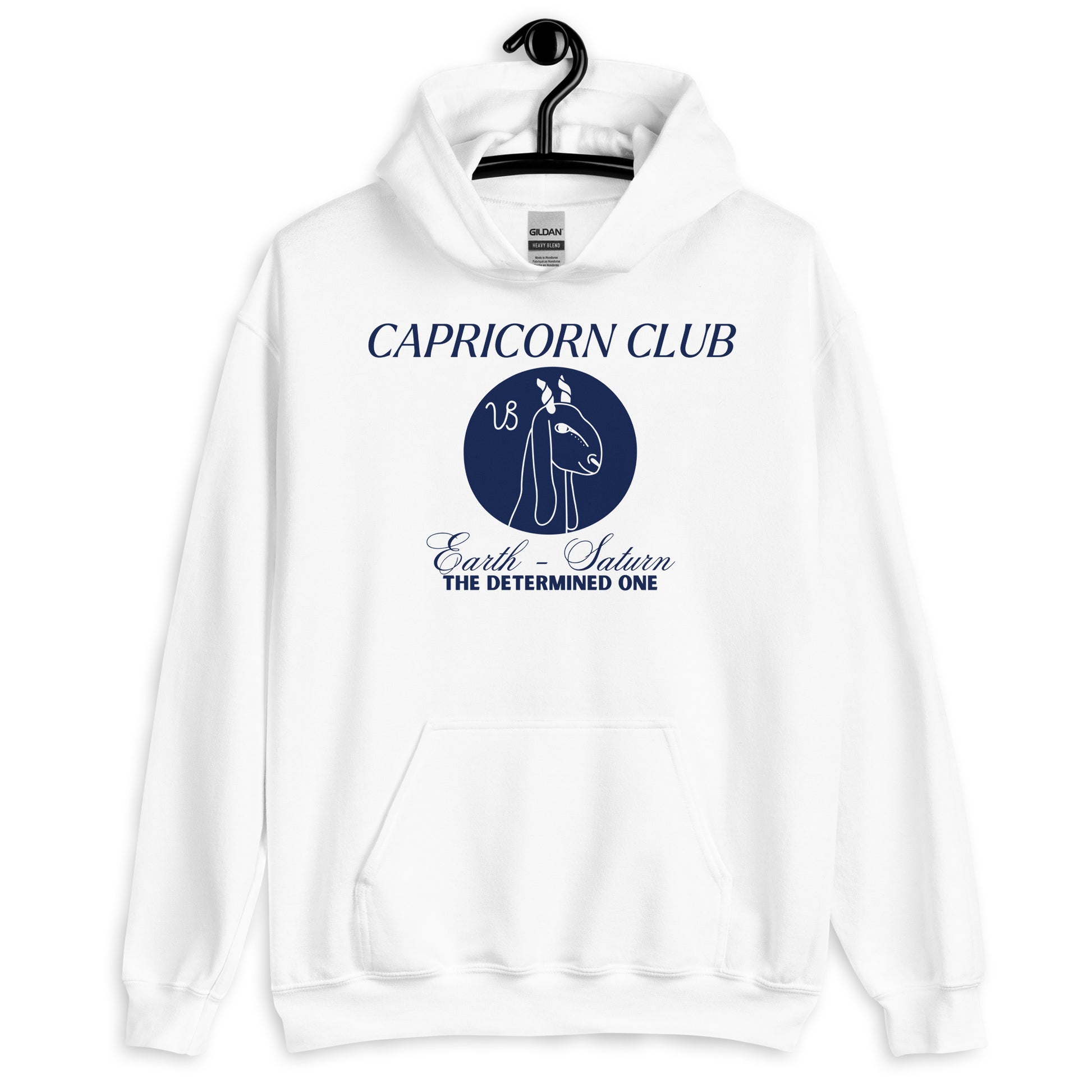 Front of white Capricorn-themed hoodie with blue 'Capricorn Club' text, Capricorn symbol illustration, and phrase 'Earth - Saturn, The Determined One.