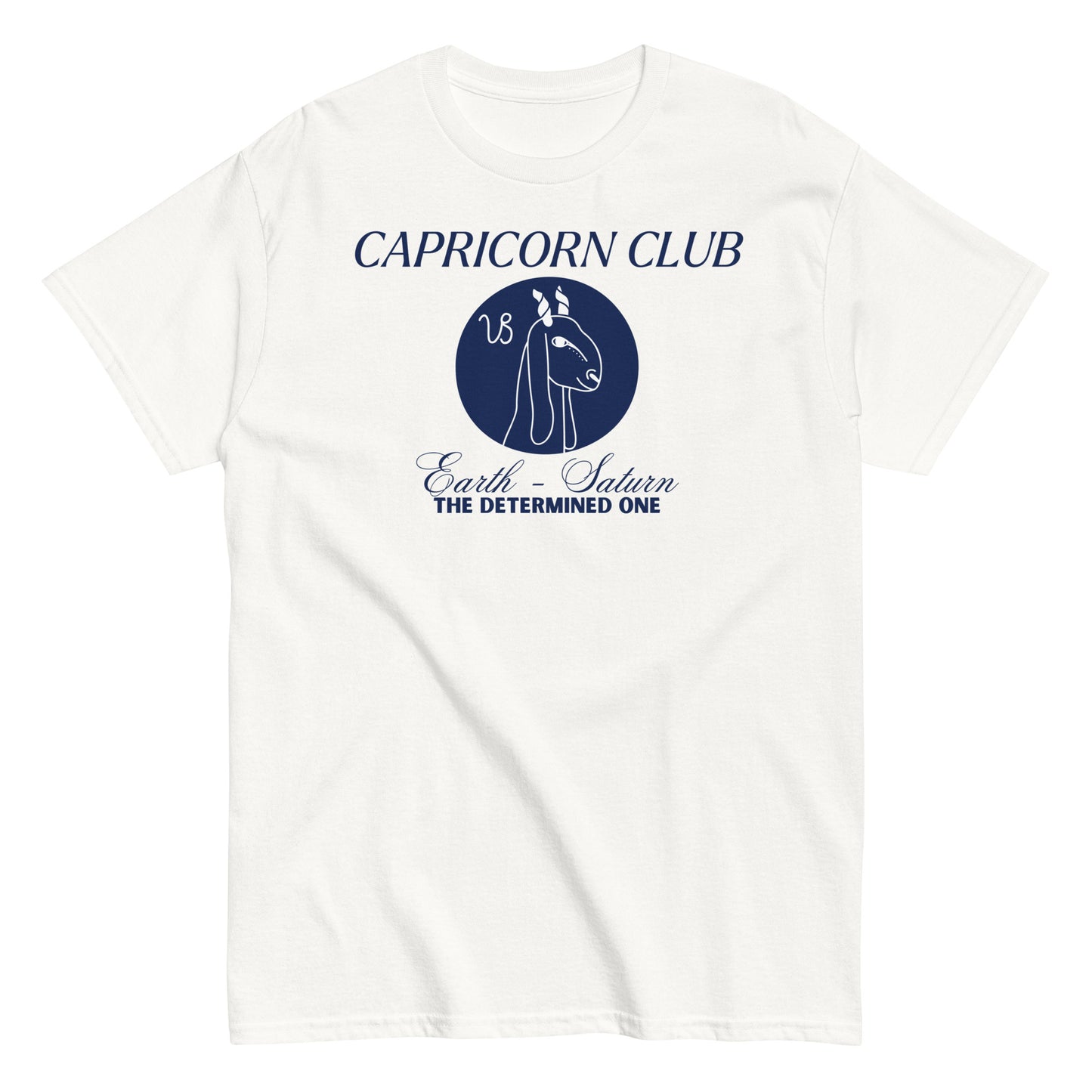 Front of white Capricorn-themed t-shirt with blue 'Capricorn Club' text, Capricorn symbol illustration, and phrase 'Earth - Saturn, The Determined One.