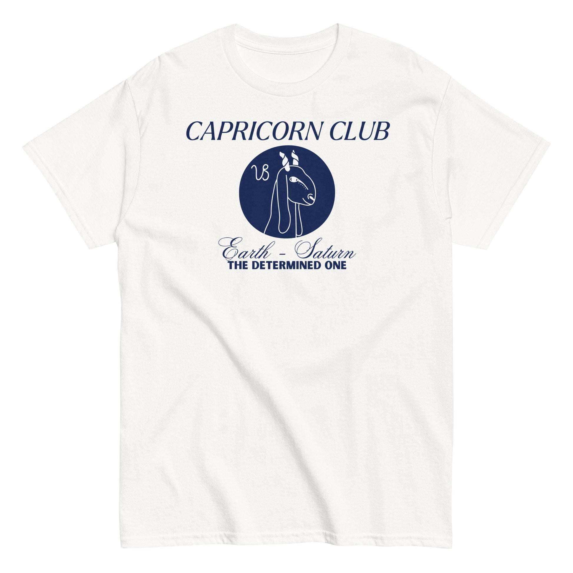 Front of white Capricorn-themed t-shirt with blue 'Capricorn Club' text, Capricorn symbol illustration, and phrase 'Earth - Saturn, The Determined One.