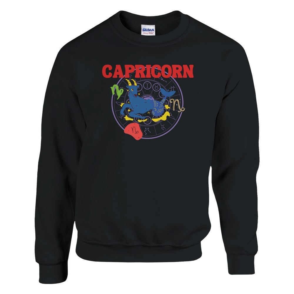 Front of black Capricorn-themed sweatshirt with colorful astrology design featuring Capricorn symbol and zodiac elements.