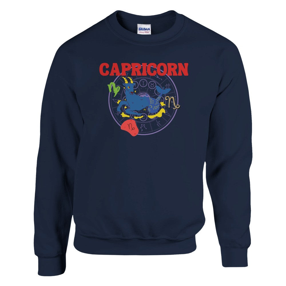 Front of navy blue Capricorn-themed sweatshirt with colorful astrology design featuring Capricorn symbol and zodiac elements.
