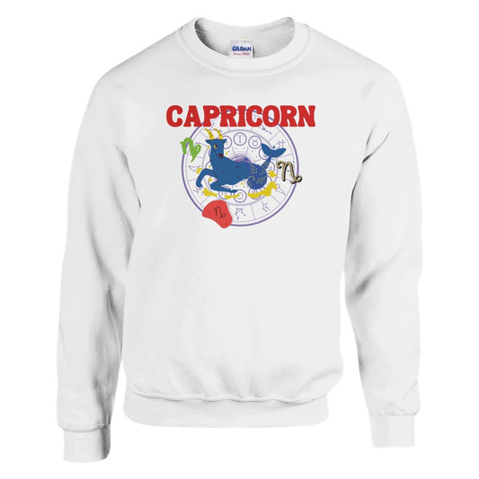 Front of white Capricorn-themed sweatshirt with colorful astrology design featuring Capricorn symbol and zodiac elements.