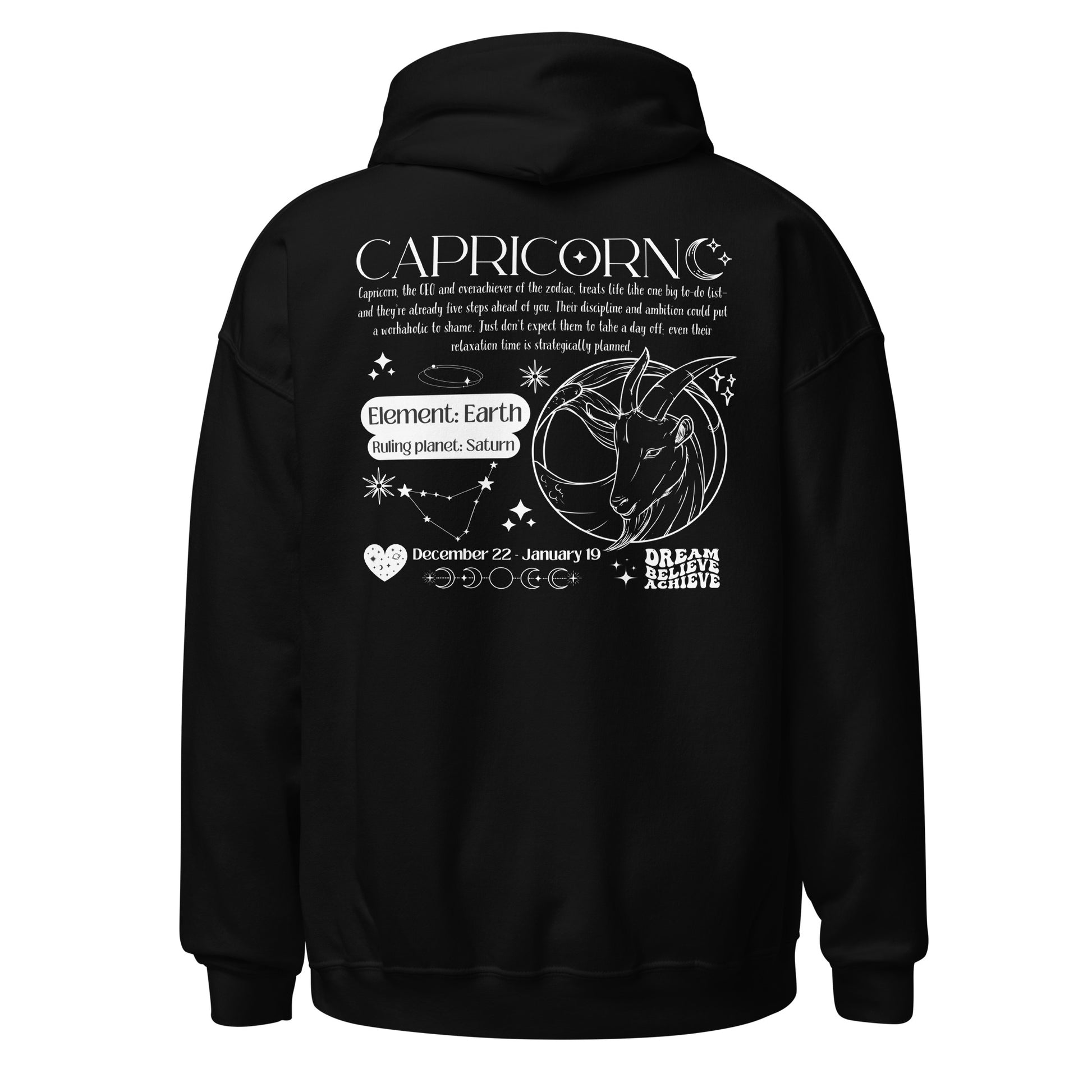 Back of black Capricorn-themed hoodie featuring retro astrology design with Capricorn symbol, element Earth, ruling planet Saturn, and decorative celestial details.