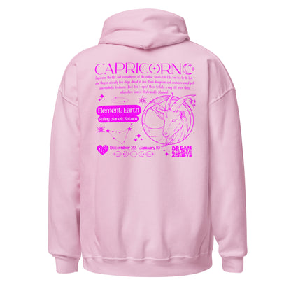 Back of light pink Capricorn-themed hoodie featuring retro astrology design with Capricorn symbol, element Earth, ruling planet Saturn, and decorative celestial details.