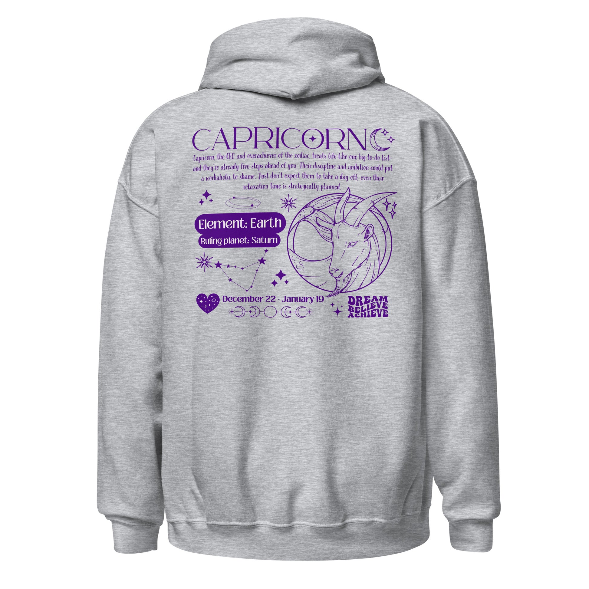 Back of sport grey Capricorn-themed hoodie featuring retro astrology design with Capricorn symbol, element Earth, ruling planet Saturn, and decorative celestial details.