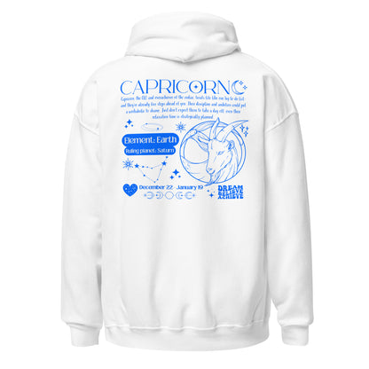 Back of white Capricorn-themed hoodie featuring retro astrology design with Capricorn symbol, element Earth, ruling planet Saturn, and decorative celestial details.