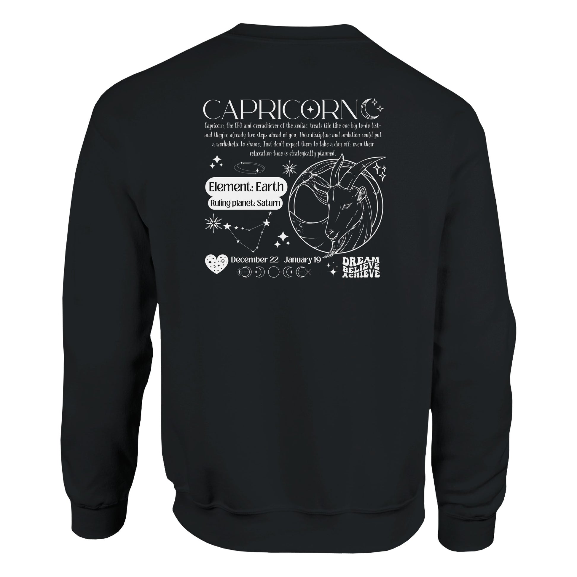 Back of black Capricorn-themed sweatshirt with retro astrology design featuring Capricorn symbol, zodiac dates, and celestial details.