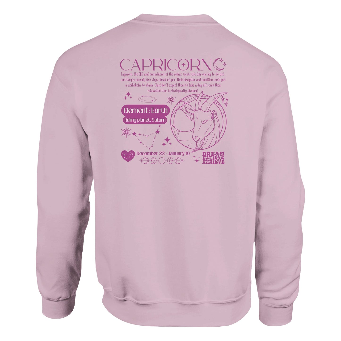 Back of light pink Capricorn-themed sweatshirt with retro astrology design featuring Capricorn symbol, zodiac dates, and celestial details.