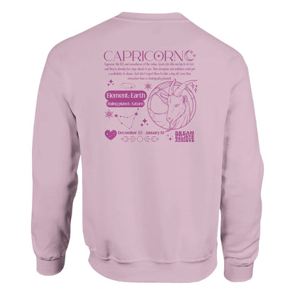 Back of light pink Capricorn-themed sweatshirt with retro astrology design featuring Capricorn symbol, zodiac dates, and celestial details.