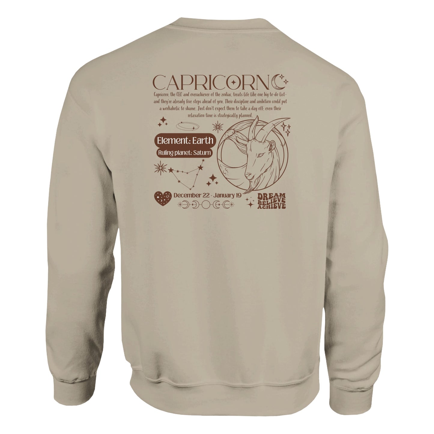 Back of sand Capricorn-themed sweatshirt with retro astrology design featuring Capricorn symbol, zodiac dates, and celestial details.