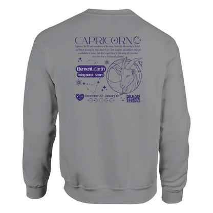 Back of sport grey Capricorn-themed sweatshirt with retro astrology design featuring Capricorn symbol, zodiac dates, and celestial details.