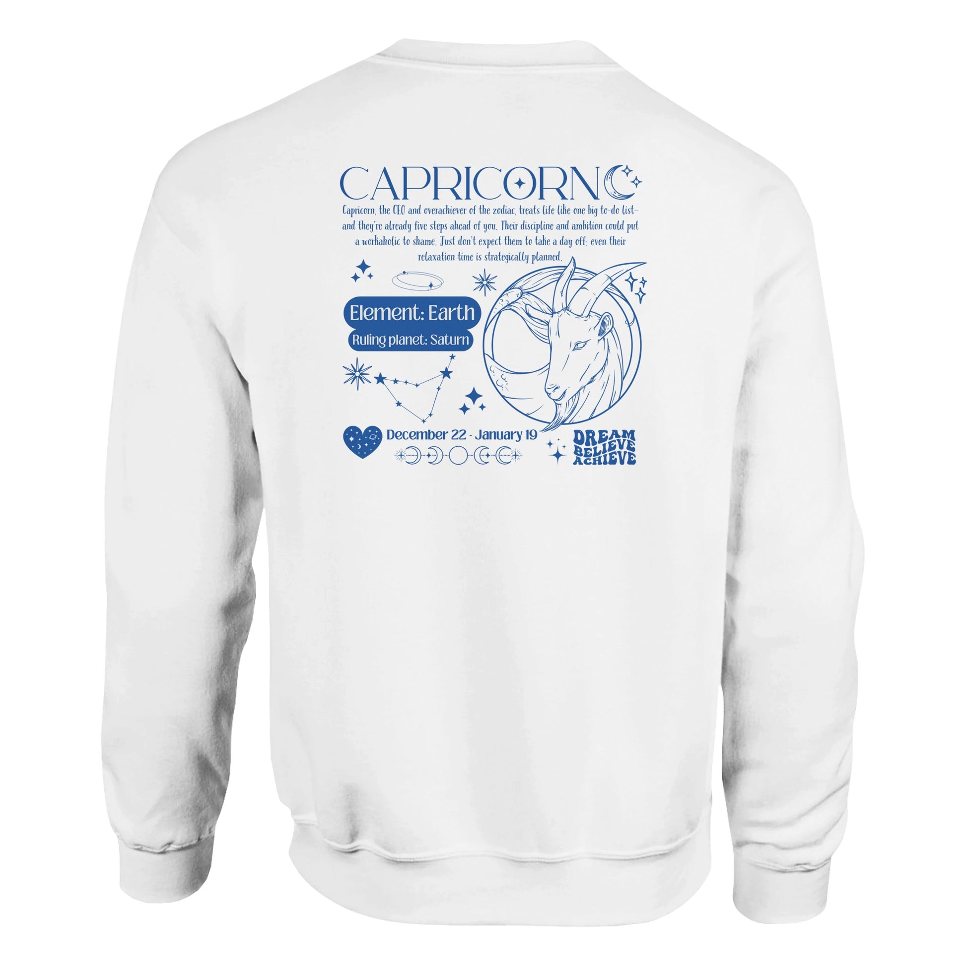 Back of white Capricorn-themed sweatshirt with retro astrology design featuring Capricorn symbol, zodiac dates, and celestial details.