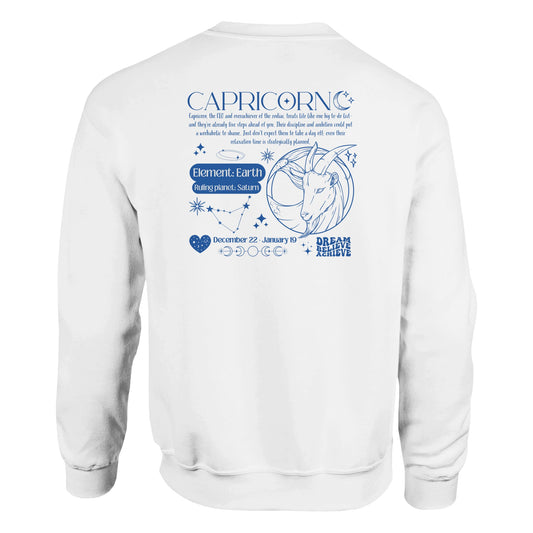 Back of white Capricorn-themed sweatshirt with retro astrology design featuring Capricorn symbol, zodiac dates, and celestial details.