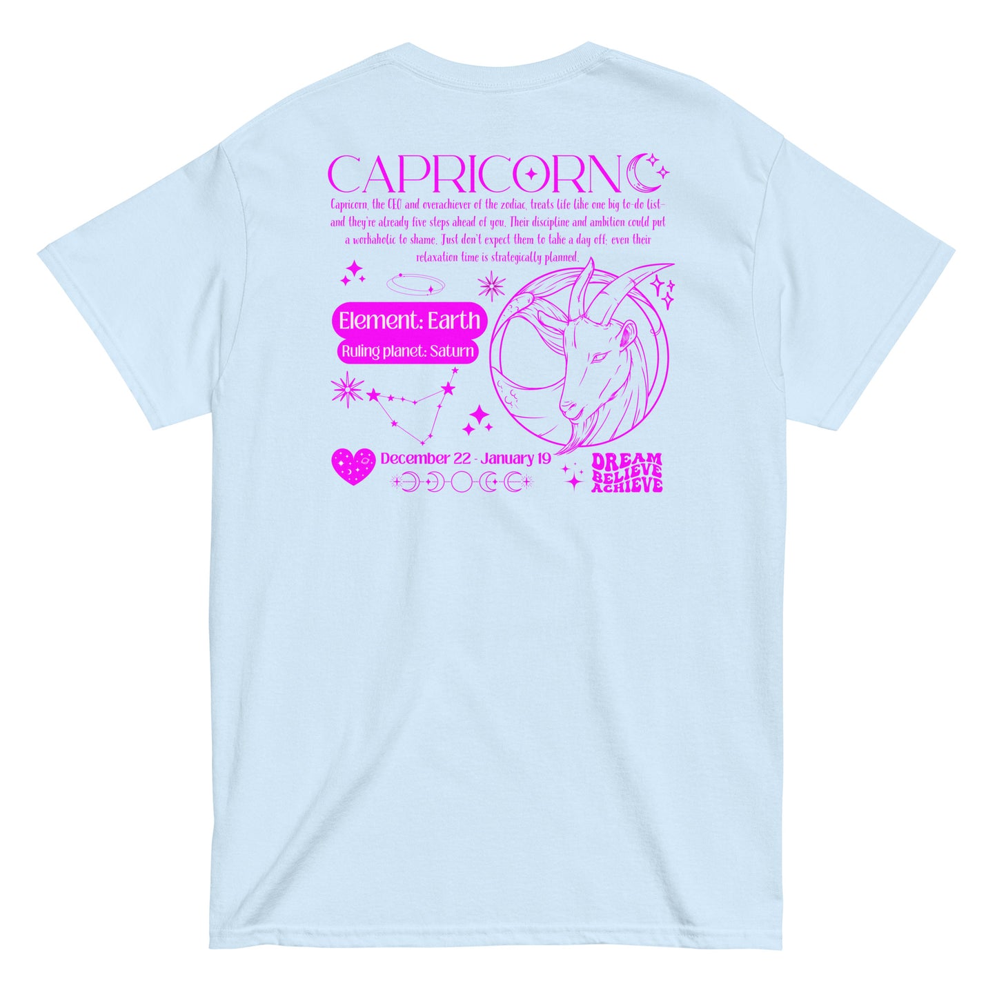 Back of light blue Capricorn-themed t-shirt with retro design, featuring Capricorn text, symbol, element 'Earth,' ruling planet 'Saturn,' date range December 22 - January 19, and motivational phrases 'Dream, Believe, Achieve.