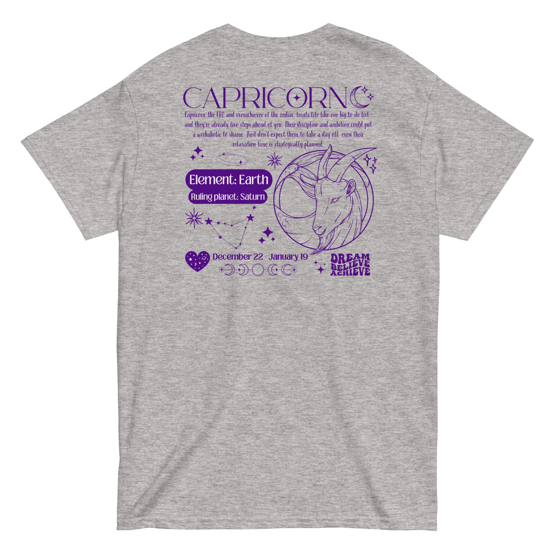 Back of sport grey Capricorn-themed t-shirt with retro design, featuring Capricorn text, symbol, element 'Earth,' ruling planet 'Saturn,' date range December 22 - January 19, and motivational phrases 'Dream, Believe, Achieve.