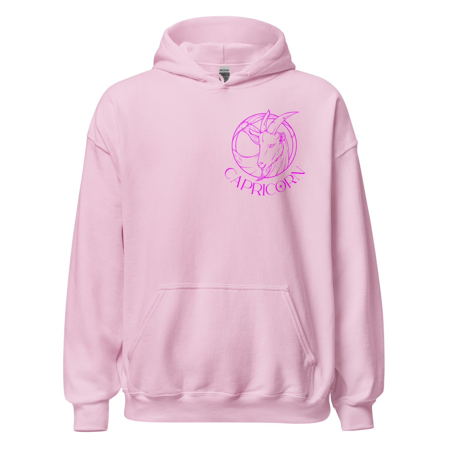 Front of light pink Capricorn-themed hoodie with retro astrology design featuring Capricorn symbol and minimalist celestial details.