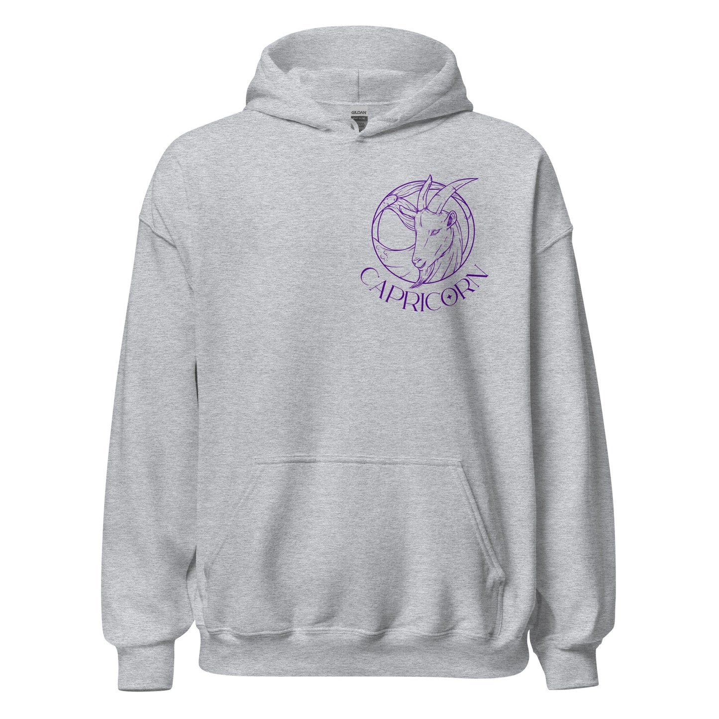 Front of sport grey Capricorn-themed hoodie with retro astrology design featuring Capricorn symbol and minimalist celestial details.