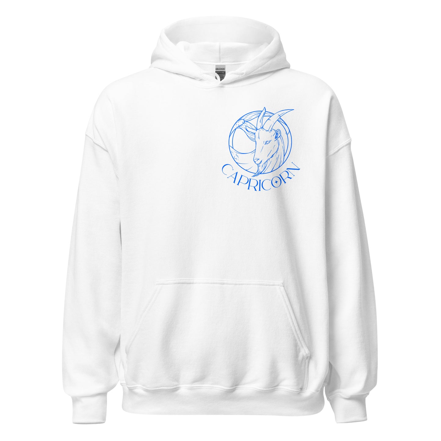 Front of white Capricorn-themed hoodie with retro astrology design featuring Capricorn symbol and minimalist celestial details.