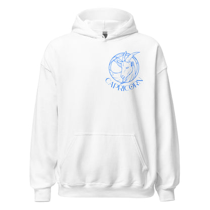 Front of white Capricorn-themed hoodie with retro astrology design featuring Capricorn symbol and minimalist celestial details.