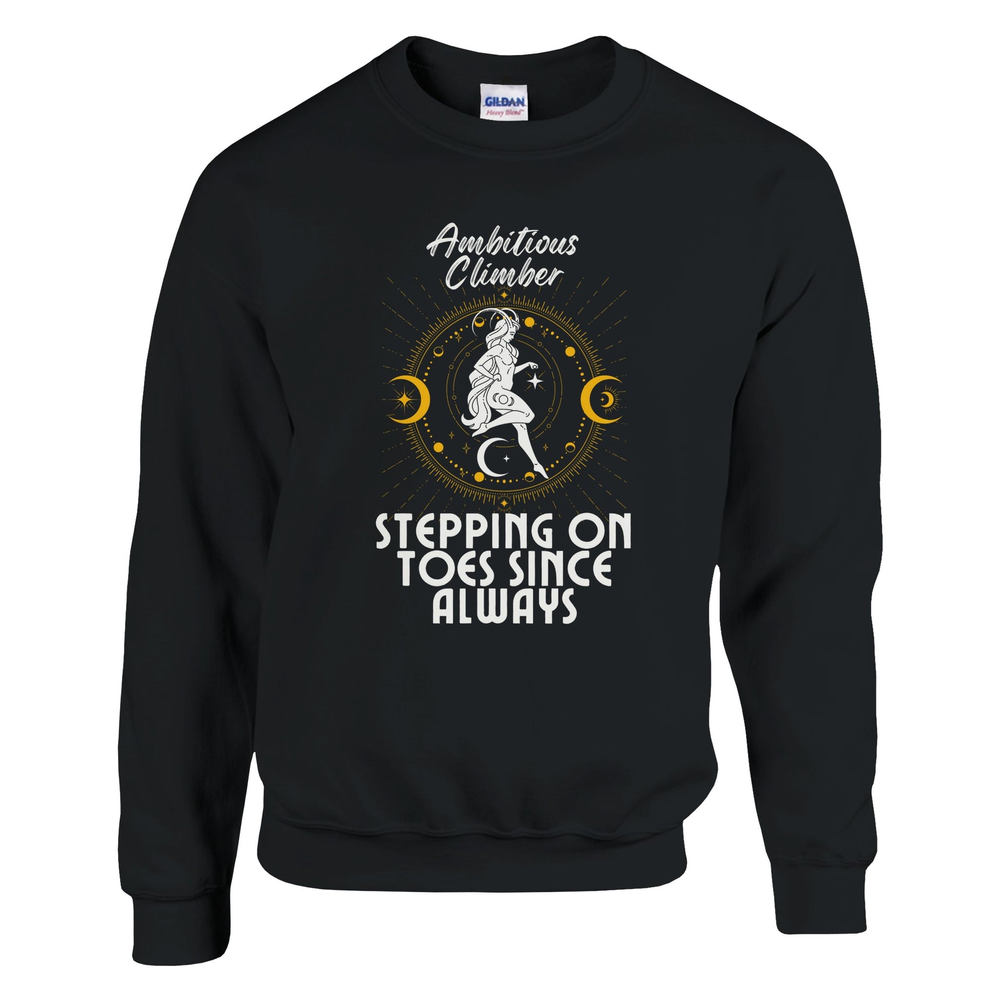 Front of black Capricorn-themed sweatshirt with retro design, featuring text 'Ambitious Climber' above an illustration of a determined figure, surrounded by celestial symbols, and 'Stepping on Toes Since Always' below.