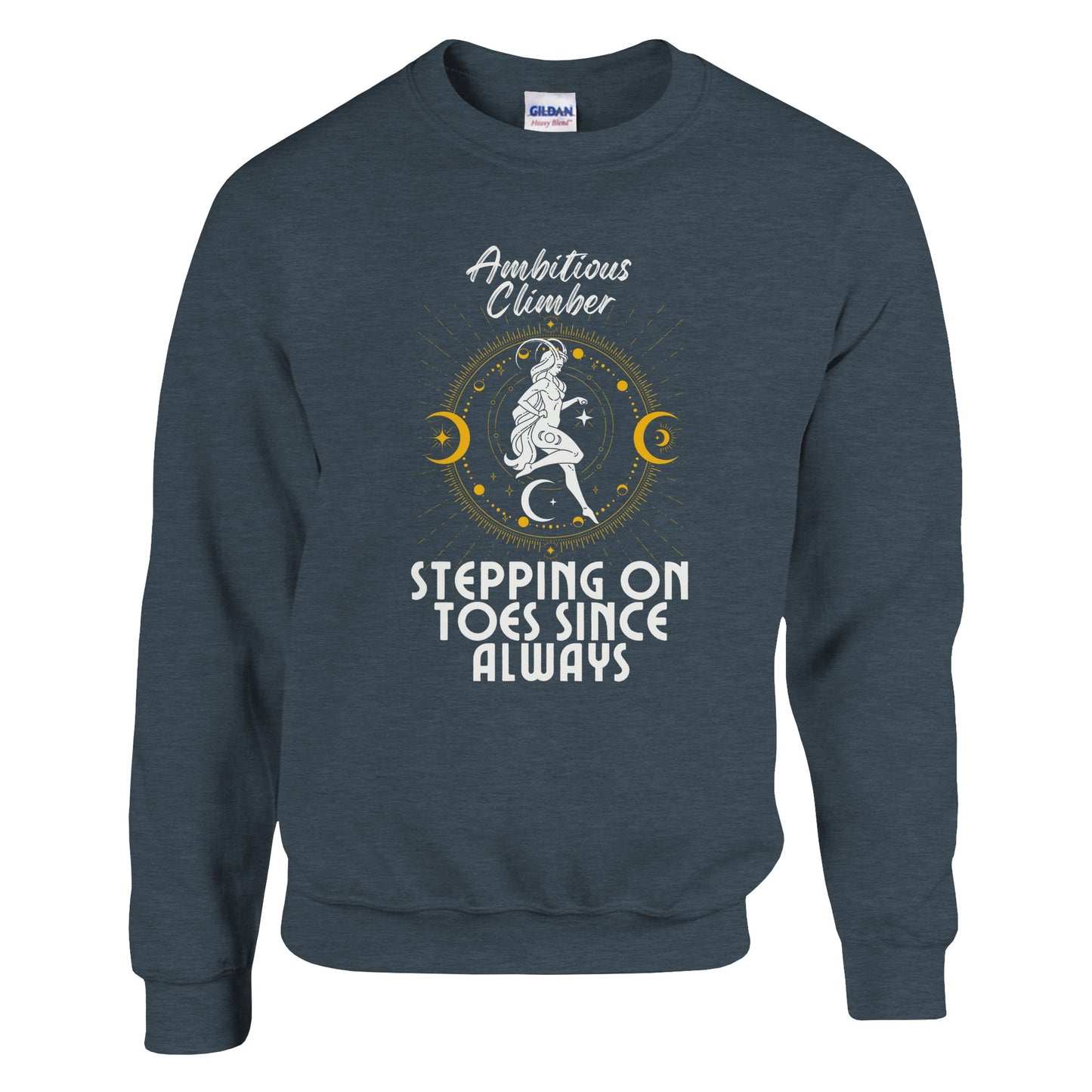 Front of dark heather Capricorn-themed sweatshirt with retro design, featuring text 'Ambitious Climber' above an illustration of a determined figure, surrounded by celestial symbols, and 'Stepping on Toes Since Always' below.