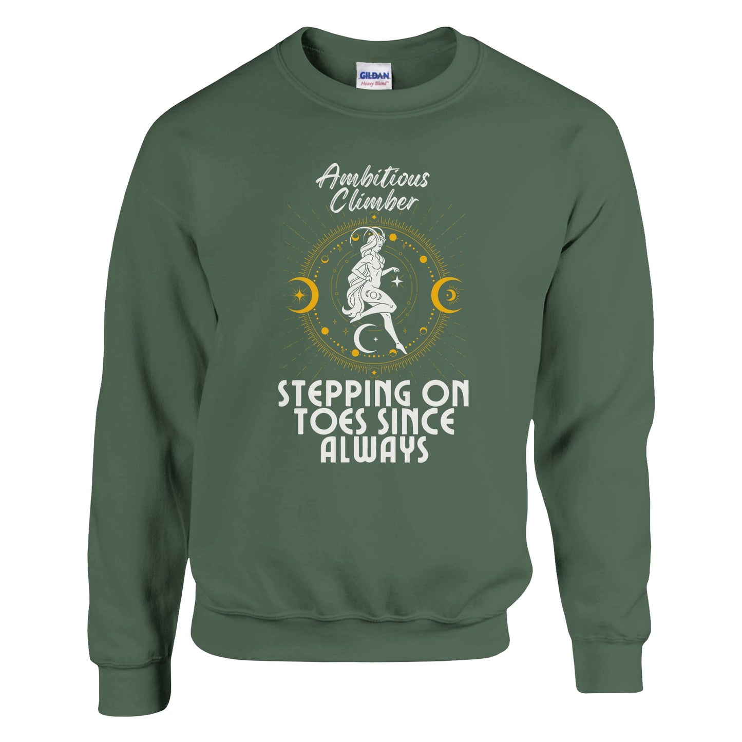 Front of military green Capricorn-themed sweatshirt with retro design, featuring text 'Ambitious Climber' above an illustration of a determined figure, surrounded by celestial symbols, and 'Stepping on Toes Since Always' below.