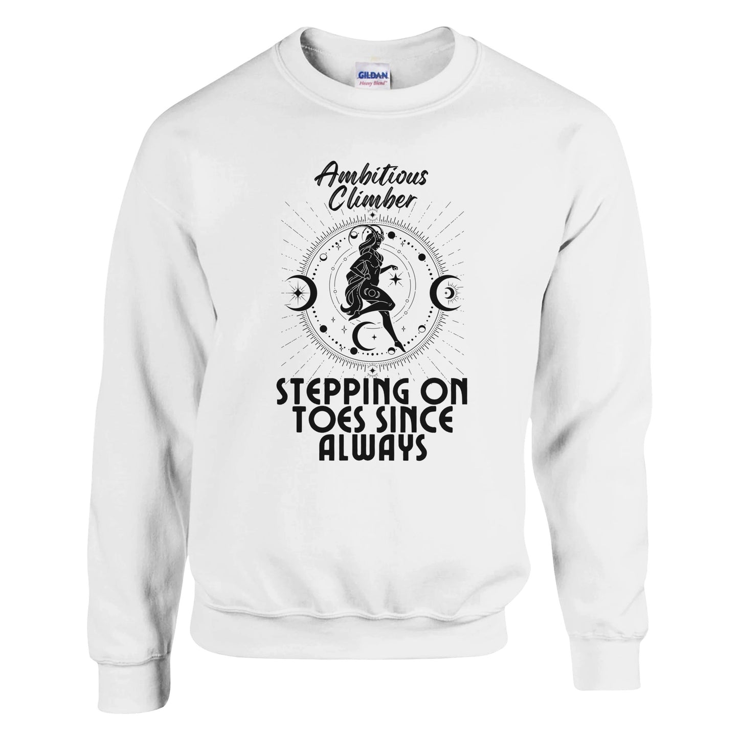 Front of white Capricorn-themed sweatshirt with retro design, featuring text 'Ambitious Climber' above an illustration of a determined figure, surrounded by celestial symbols, and 'Stepping on Toes Since Always' below.