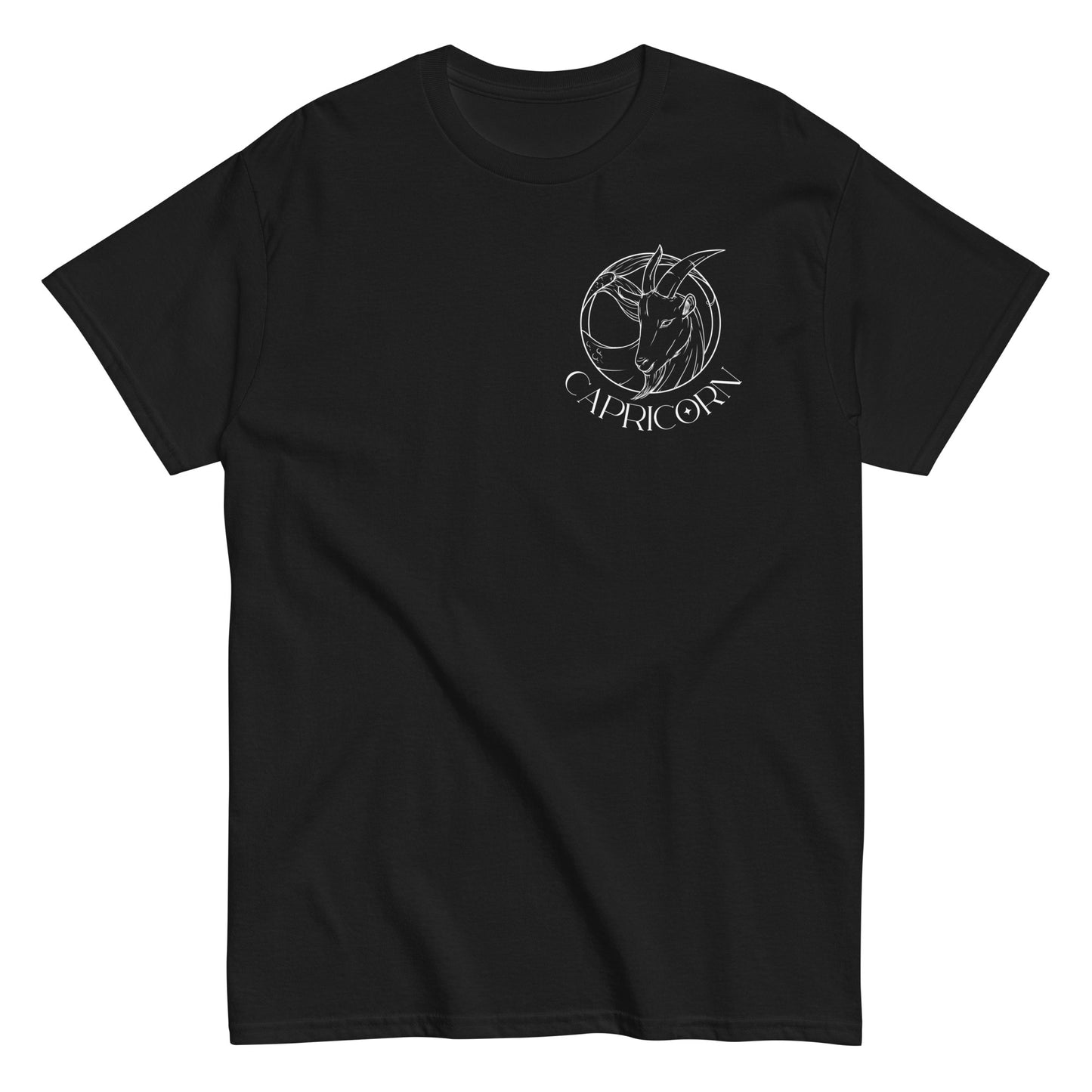 Front of black Capricorn-themed t-shirt with retro design, featuring a minimal Capricorn symbol and text 'Capricorn' beneath it.