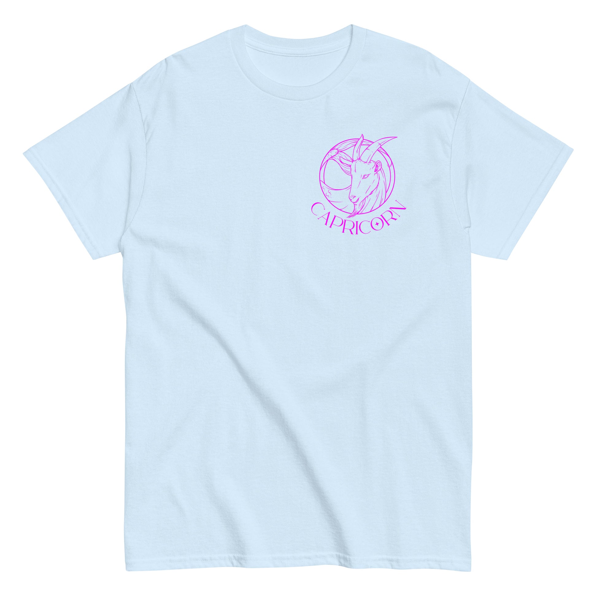 Front of light blue Capricorn-themed t-shirt with retro design, featuring a minimal Capricorn symbol and text 'Capricorn' beneath it.