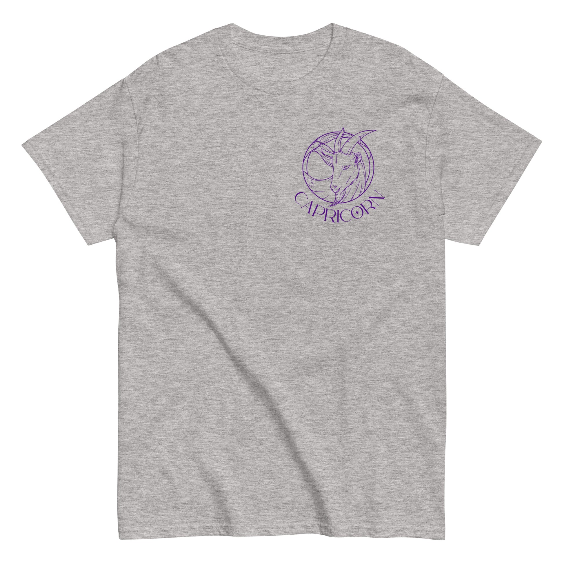 Front of sport grey Capricorn-themed t-shirt with purple retro design, featuring a minimal Capricorn symbol and text 'Capricorn' beneath it.