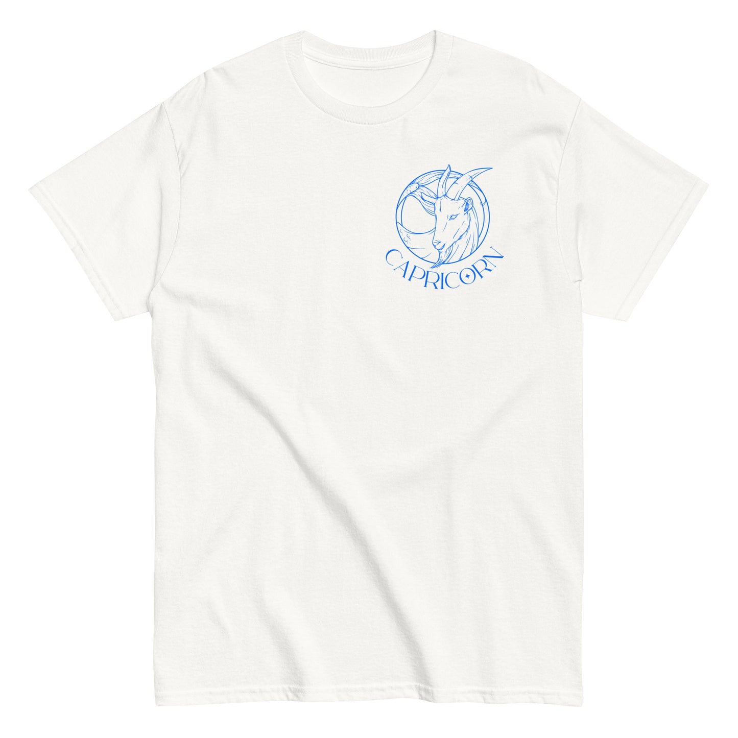 Front of white Capricorn-themed t-shirt with retro design, featuring a minimal Capricorn symbol and text 'Capricorn' beneath it.