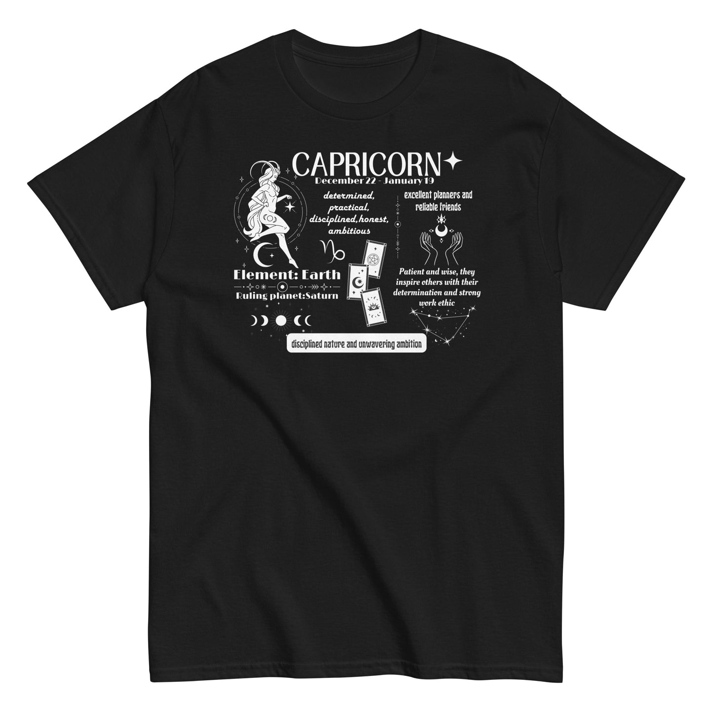 Front of black Capricorn-themed t-shirt with retro design, featuring astrological details including 'Element: Earth,' 'Ruling planet: Saturn,' and descriptive text about Capricorn traits such as determination, practicality, and ambition.