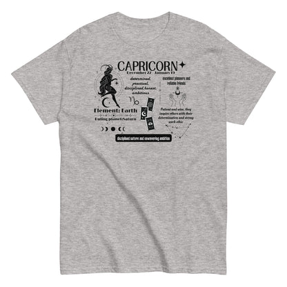 Front of sport grey Capricorn-themed t-shirt with retro design, featuring astrological details including 'Element: Earth,' 'Ruling planet: Saturn,' and descriptive text about Capricorn traits such as determination, practicality, and ambition.