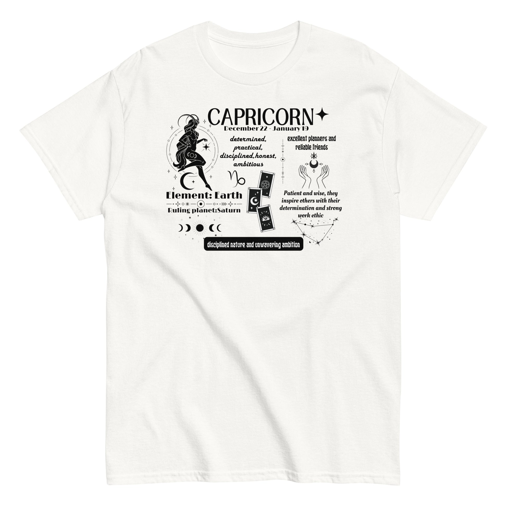 Front of white Capricorn-themed t-shirt with retro design, featuring astrological details including 'Element: Earth,' 'Ruling planet: Saturn,' and descriptive text about Capricorn traits such as determination, practicality, and ambition.