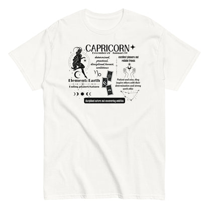 Front of white Capricorn-themed t-shirt with retro design, featuring astrological details including 'Element: Earth,' 'Ruling planet: Saturn,' and descriptive text about Capricorn traits such as determination, practicality, and ambition.