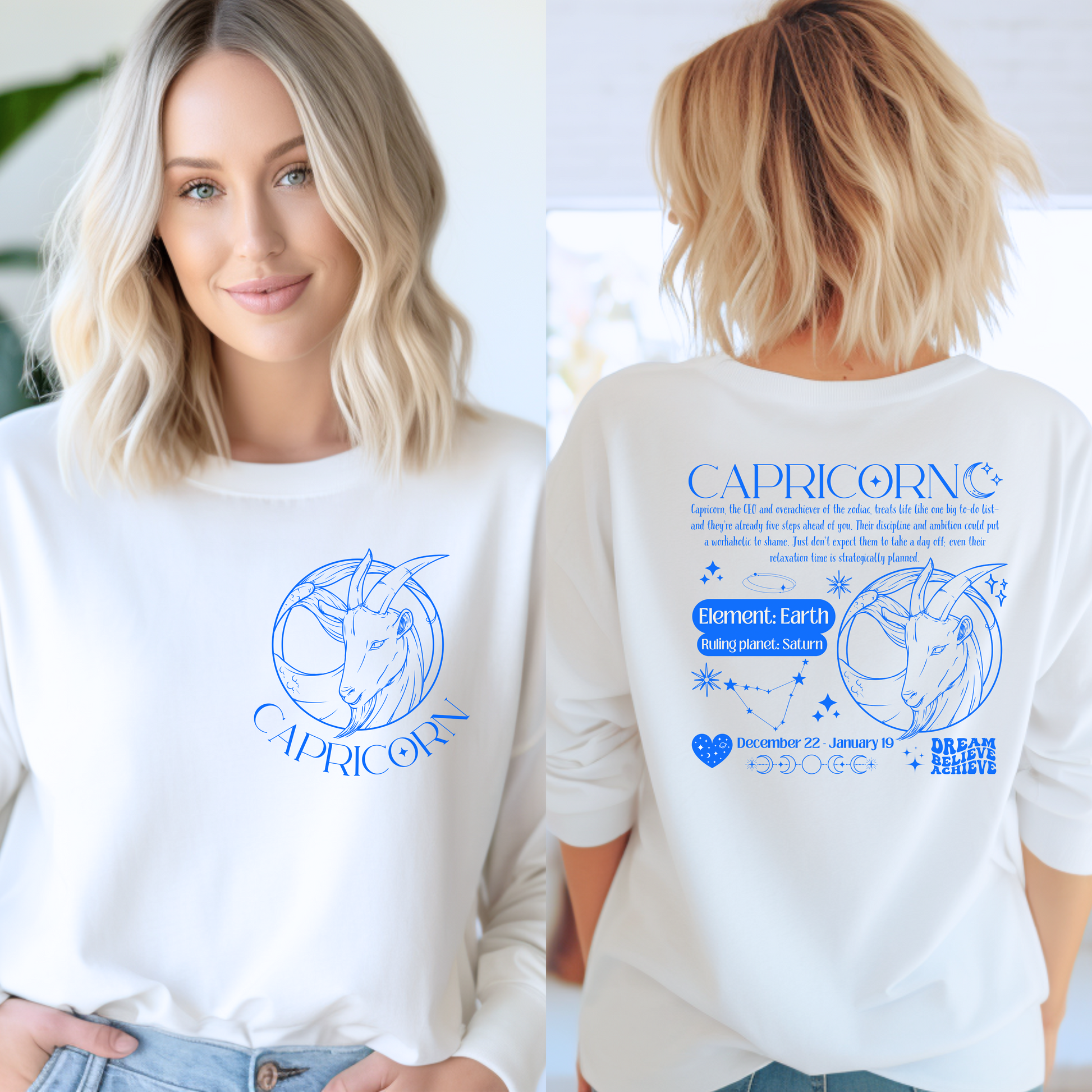 White Capricorn-themed sweatshirt with retro astrology design featuring Capricorn symbol, zodiac dates, and celestial details.