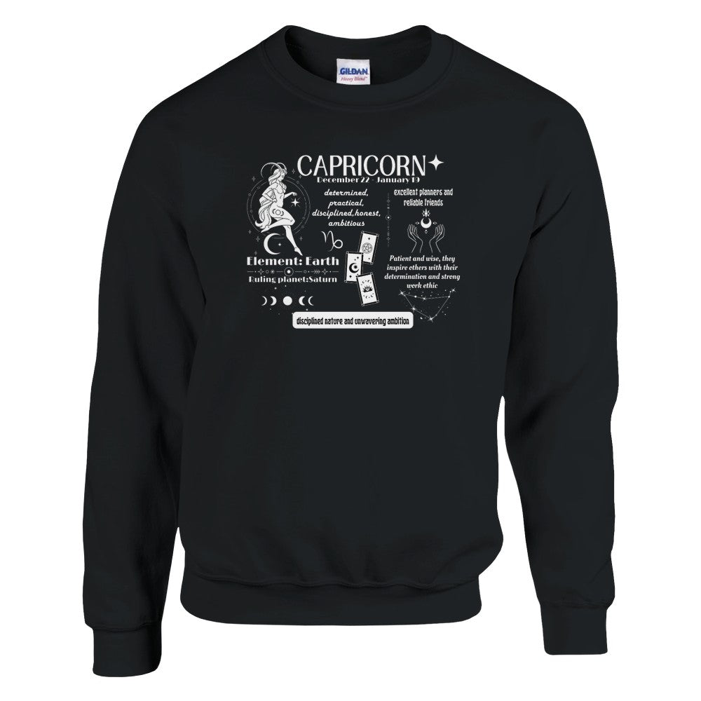 Front of black Capricorn-themed sweatshirt featuring a detailed design with Capricorn symbol, text on Capricorn traits, ruling planet Saturn, and element Earth.