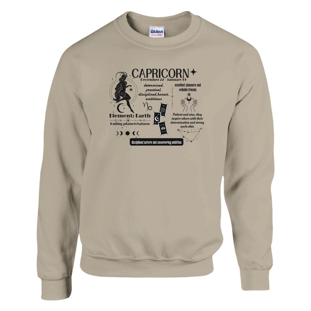 Front of sand Capricorn-themed sweatshirt featuring a detailed design with Capricorn symbol, text on Capricorn traits, ruling planet Saturn, and element Earth.