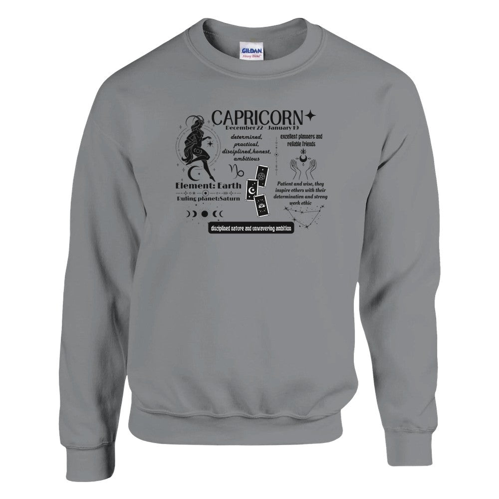 Front of sport grey Capricorn-themed sweatshirt featuring a detailed design with Capricorn symbol, text on Capricorn traits, ruling planet Saturn, and element Earth.