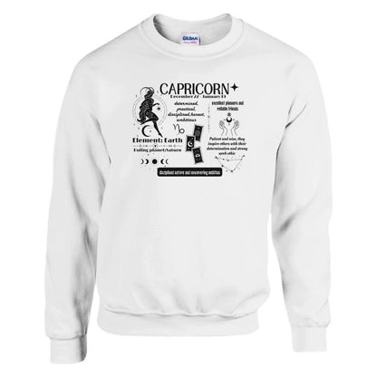 Front of white Capricorn-themed sweatshirt featuring a detailed design with Capricorn symbol, text on Capricorn traits, ruling planet Saturn, and element Earth.