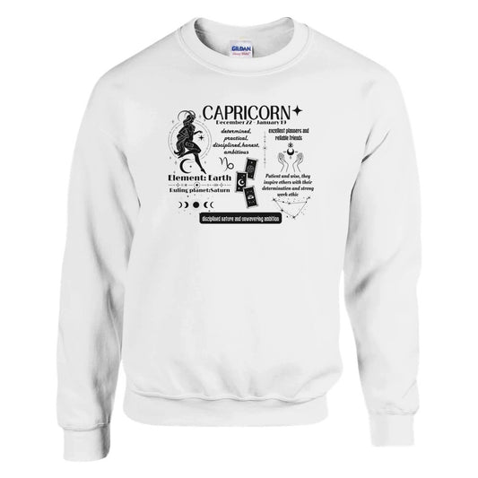 Front of white Capricorn-themed sweatshirt featuring a detailed design with Capricorn symbol, text on Capricorn traits, ruling planet Saturn, and element Earth.