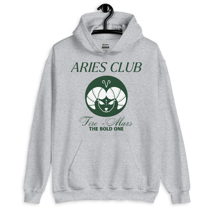 Sport grey Aries Club hoodie with green  zodiac ram design, Fire element, Mars ruling planet, and text 'The Bold One.