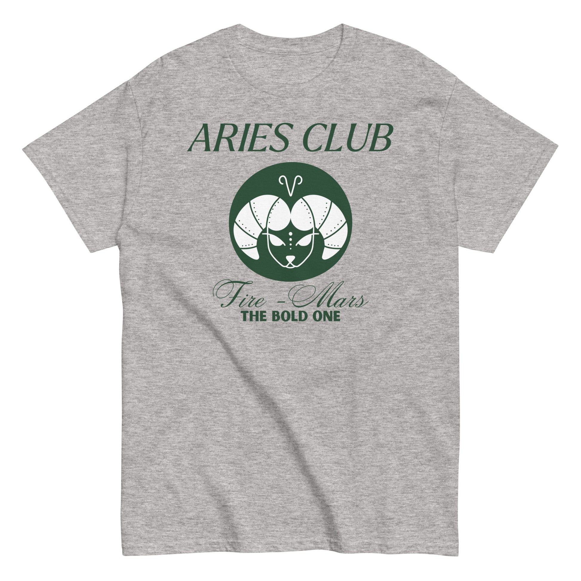 Grey Aries Club t-shirt with green zodiac ram design, Fire element, Mars ruling planet, and text 'The Bold One