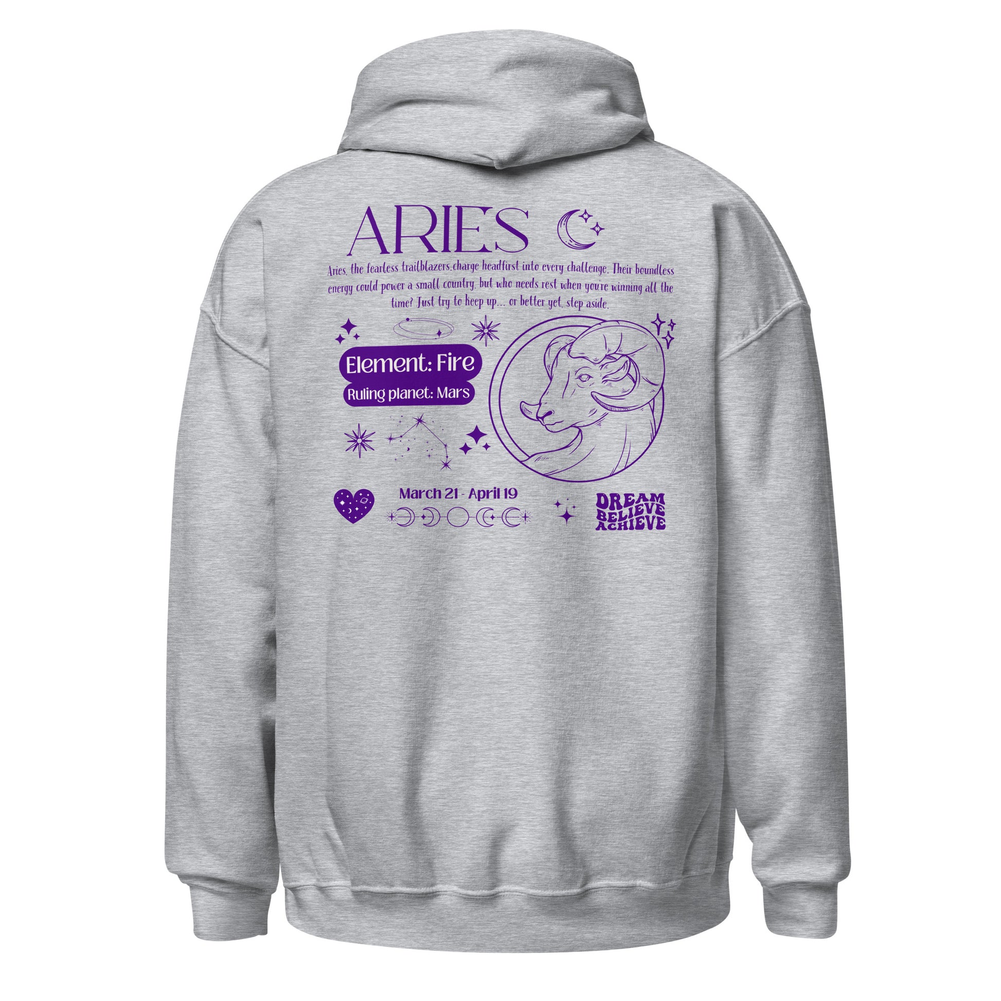 Sport grey Aries hoodie with purple zodiac design on back, featuring Aries ram symbol, Fire element, Mars ruling planet, and motivational text.