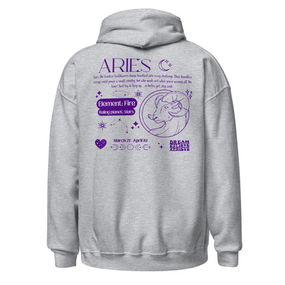 Sport grey Aries hoodie with purple zodiac design on back, featuring Aries ram symbol, Fire element, Mars ruling planet, and motivational text.