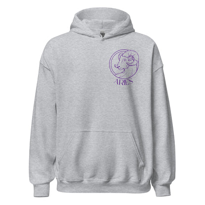 Front of sport grey Aries hoodie with purple zodiac ram symbol and Aries text design.