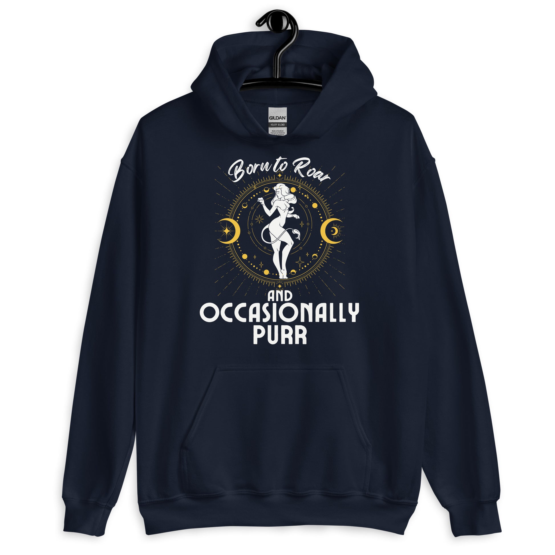 Front of navy blue hoodie with Leo-themed design, featuring an illustration of a character surrounded by celestial elements and text that reads 'Born to Roar and Occasionally Purr.'